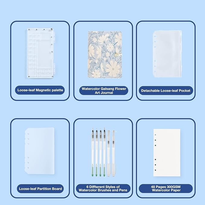 A6 Binder Watercolor Travel Set,Refillable Embroidered Journal with Mini Paint Palette.Thick Paper Travel Diary/Sketchbook/Workbook for Girl,Tulip Flowers Art Notebook (galsang Flower)