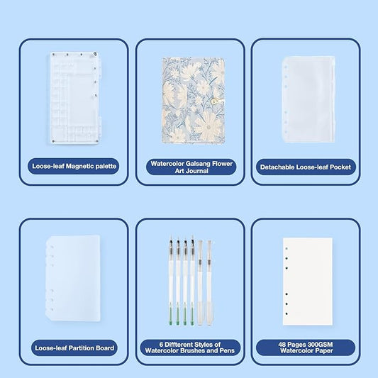 A6 Binder Watercolor Travel Set,Refillable Embroidered Journal with Mini Paint Palette.Thick Paper Travel Diary/Sketchbook/Workbook for Girl,Tulip Flowers Art Notebook (galsang Flower)