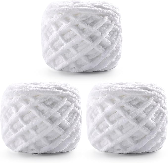 3 Pack Chunky Chenille Yarn for Crocheting, Fluffy Baby Blanket Yarn for Crochet Sweater Shawl Scarf Gloves, Super Soft Amigurumi Plush Yarn 222 yds/10.5 Oz (White)