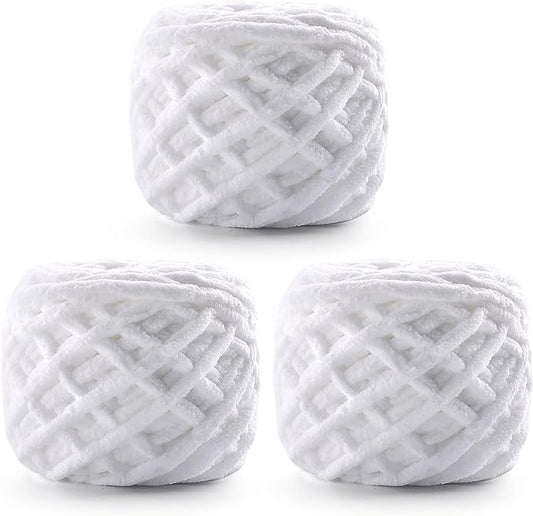 3 Pack Chunky Chenille Yarn for Crocheting, Fluffy Baby Blanket Yarn for Crochet Sweater Shawl Scarf Gloves, Super Soft Amigurumi Plush Yarn 222 yds/10.5 Oz (White)