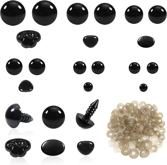 TOAOB 200pcs Safety Eyes and Noses with Washers Crafts Crochet Eyes 6mm to 14mm Black Plastic Safety Eyes for Amigurumis and Stuffed Animals Making
