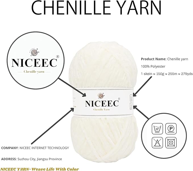 NICEEC 2 Skeins Soft Chenille Yarn Blanket Yarn for Knitting Fancy Yarn for Crochet Weaving DIY Craft Total Length 2×255m (2×279yds, 2×150g)_Cream White