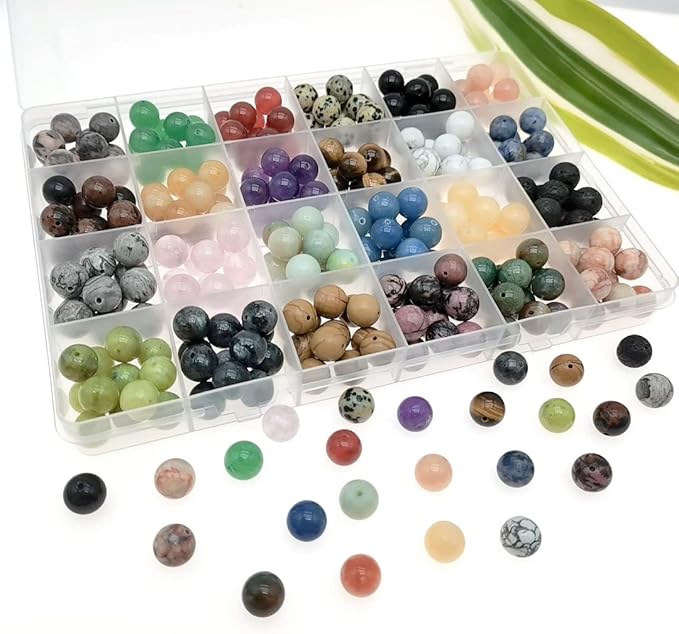 288pcs Natural Round Stone Beads Genuine Real Stones Beading Loose Gemstone DIY for Bracelet Necklace Earrings Jewelry Making (10mm-24 Color S1, 10mm)
