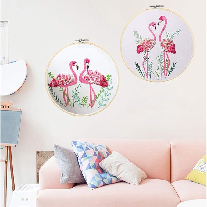 konrisa flamingo embroidery kit for beginners with pattern floral stamped full range of embroidery starter kit for adults cross stitch kit with embroidery cloth, hoops, color thread and tools,set of 2