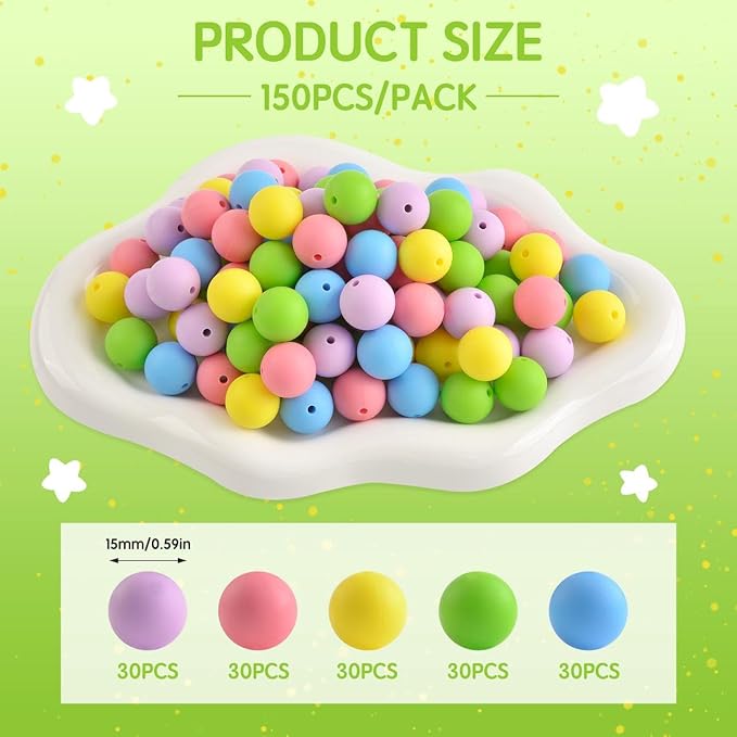 ZIFTY 150Pcs Silicone Beads for Keychain Making Kit 15mm Bulk Loose Round Rubber Silicone Focal Beads for Pens, Necklace Bracelet Making Kit, Jewelry, Art, Crafts, DIY(Macaron)