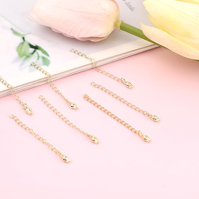 30 Pcs Necklace Extenders,18K Gold Plated Necklace Extender 55 mm,Chain Extender with Tulip Flower Pattern Chain Tabs for Jewelry Making