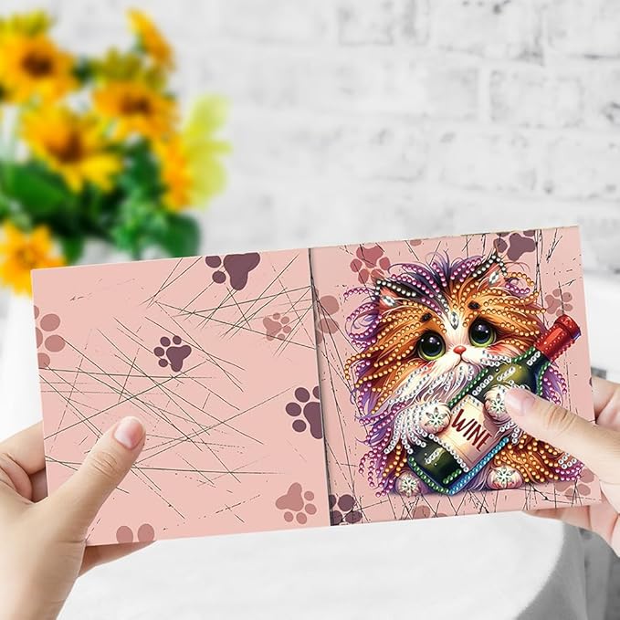 6 Pack 5D DIY Diamond Painting Cat Greeting Card Kit, Diamond Art Christmas Birthday Holiday Greeting Card, Art Crafts Kit Creative Gift with Envelope