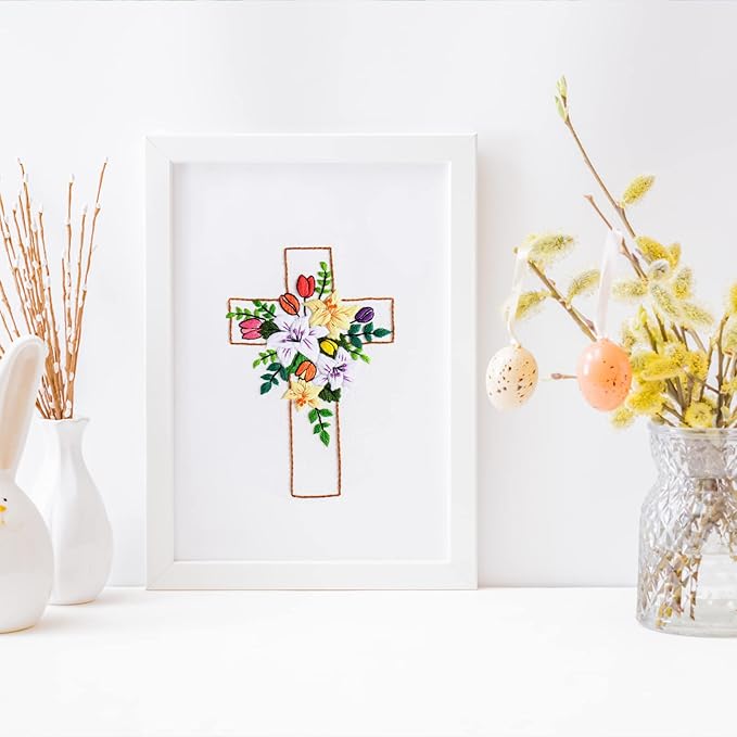 Louise Maelys Cross Lily Pattern Embroidery Starter Kit,Cross Stitch Kits for Adults with Embroidery Hoop Needles Threads Instruction -Easter Jesus