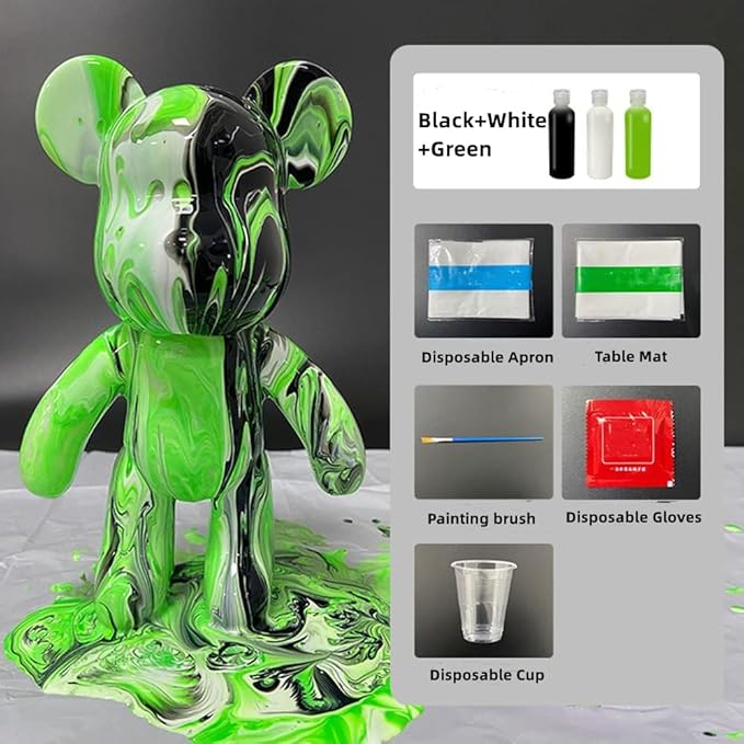 HANDA DIY Painting Fluid Bear Teddy Bear Painting Kit Set Creative Home Decorations Handmade Doll Figurine Toys Gift for Birthday Valentines (9.05 inch, Green+Black+White)