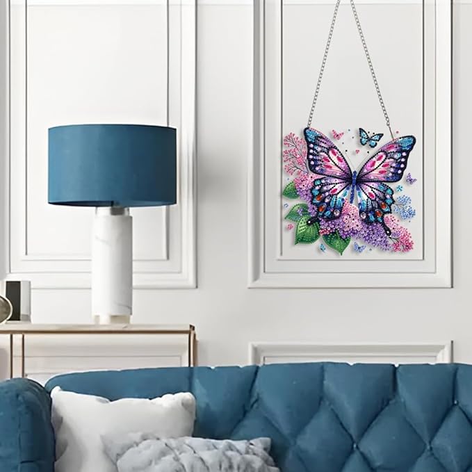 STGLCR Butterfly Diamond Art Hanging Kit for Adult,Special Shaped DIY Acrylic 5D Flowers Diamond Art Painting Window Pendants Home Garden Wall Hanging Kits Hanging Ornament 7.8inch Purple Foral