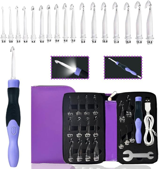 Yarniss 17 Sizes Lighted Crochet Hooks Set 2.5mm~14.0mm, Rechargeable Crochet Hook with Interchangeable Crochet Head