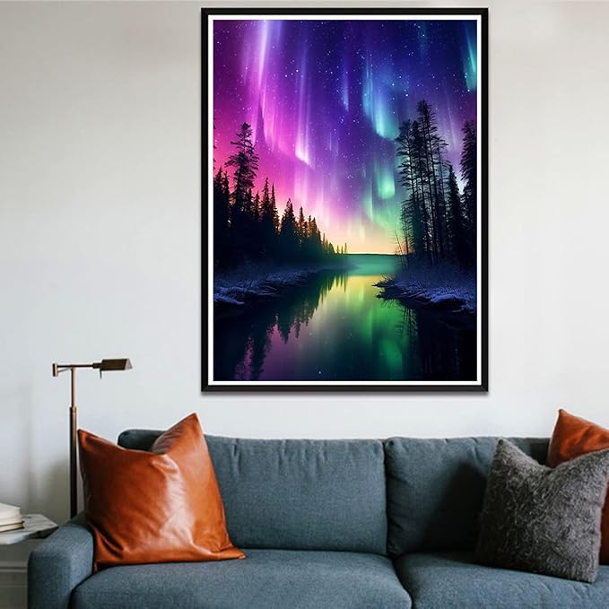 ijbnhd Diamond Art Kit for Adults, Aurora Diamond Painting Kit for Adults Full Drill Round Forests Lake Gem Art Painting for Crafts Home Wall Decor Gift 12x16inch