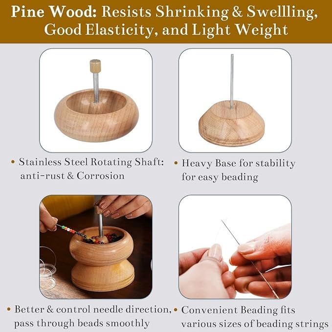 SHOP LC DELIVERING JOY Seed Bead Spinner for Jewelry Making Kit - Clay Bead Spinner with Big Eye Beading Needle & 3 Meter Wire - Necklace Bracelet Maker Wooden - Birthday Gifts - Pinewood