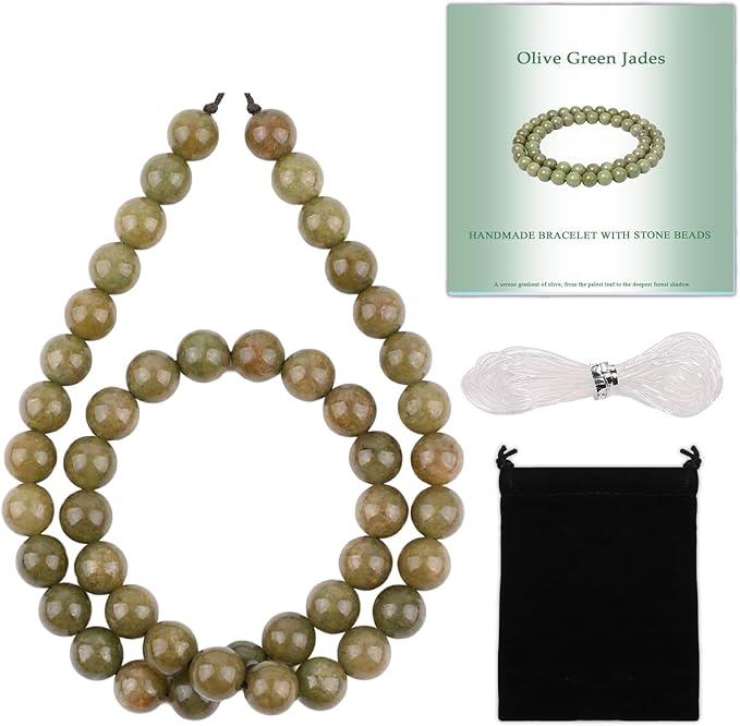 Stone Beads, 45pcs Olive Green Jades, 8mm Round Loose Beads for Jewelry Making, Bracelets, with Bag, String & Card
