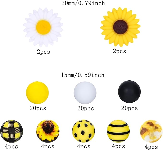 84Pcs Sunflower Silicone Beads Set 15mm Round Silicone Beads Bulk Yellow Black White Silicone Focal Beads Daisy Flower DIY Crafts Loose Spacer Beads for Pens Keychain Bracelet Necklace Lanyard Making