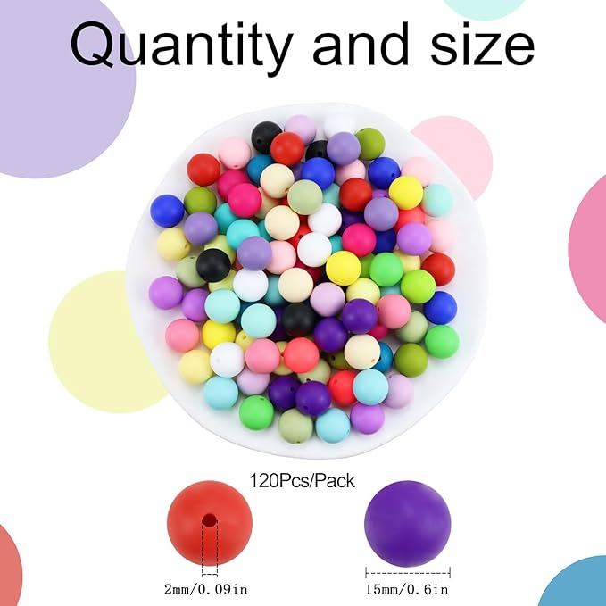 MAIBAOTA 120 Pcs Silicone Beads 24 Colors 15 mm Silcone Beads for Keychain/Bracelet/Pens Making Mixed Color Round Focal Rubber Beads for Crafts Making(with Boxed Kits)