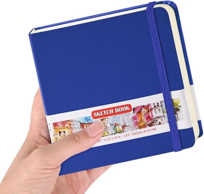 Square 5x5 inches 80gsm 96sheets/192 Pages Notebooks Blank Sketchbooks Travel Journal Pocket Hardcover Paint Writing Diary Memo Planner PU Leather Cover. Sapphire Blue