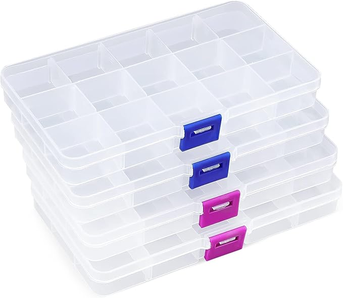 Opret 15 Grids Bead Organizer(4 Pack), Earring Organizer Box, SMALL Plastic Clear Organizing Containers with Adjustable Dividers for Crafts Jewelry Screws Small Items, Size 6.9×3.9×0.9in