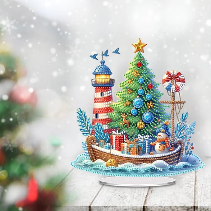 LAKEQUILL Christmas Tree Diamond Art Painting Kits for Adults,5D Xmas Boat Stand Up Tabletop Ornament for Home Office Desk Decor, DIY Diamond Art Gifts for Women, Men, Complete Tools Included