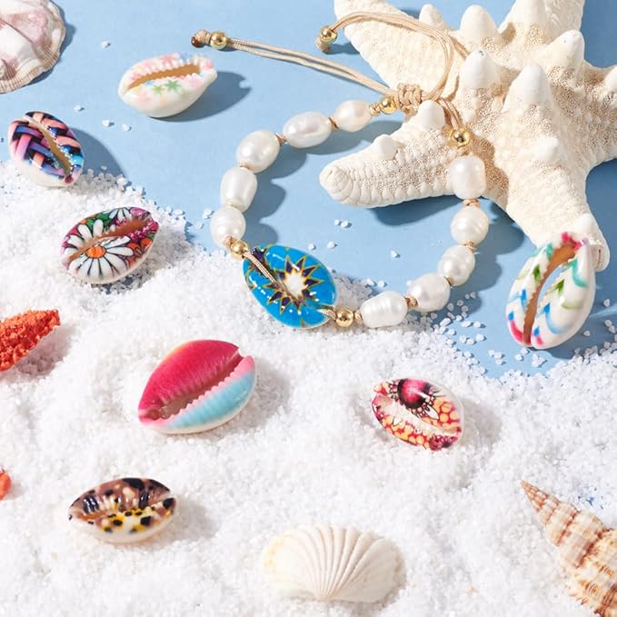 Cheriswelry 100pcs Cowrie Shell Beads Colorful Printed Sea Shell Beach Spacer Beads No Hole Ocean Summer Bracelet Necklace Beads Charms Fish Tanks Decoration 20~25mm for DIY Craft Jewelry Making