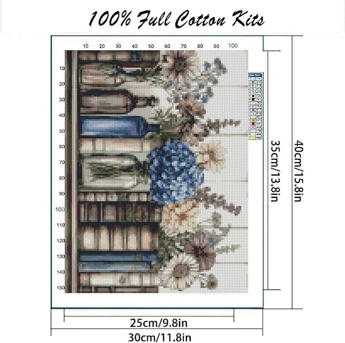 stamping cross stitch kit books flowers, counting cross stitch kit for adult beginners, with glass bottles full line diy cross stitch stitching kit for home decor cross stitch patterns 15.7x11.8inches