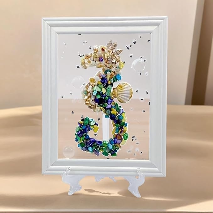Sea Glass Art Kit, Mosaic Glass Photo Frame Set 9.5x7.5 Inch, Handcraft Style DIY Mosaic Craft Kits, DIY Resin Beach Art Kit for Home Decoration, Office, Bookshelf/Windowsill (Seahorse)