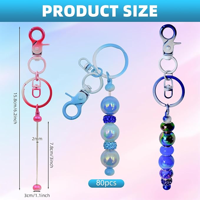 DNLEGULI 80 Pcs Beadable Keychains Bulk Kit – DIY Keychain Making Supplies with Metal Blanks for Crafts, Jewelry, Charms, Custom Projects – Blank Chain Bars for Beaded Keychain Design (Gradient)