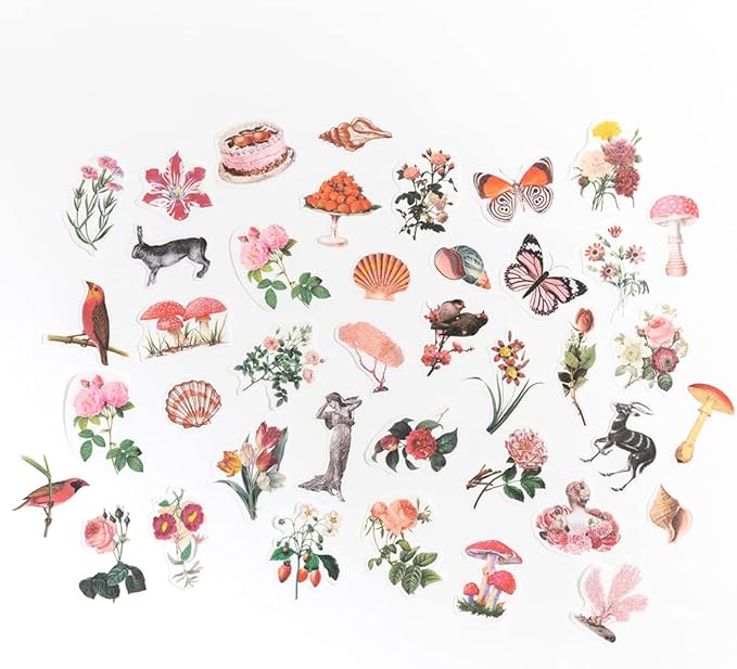 Alideco 200pcs Vintage Scrapbook Supplies Kit Kawaii Mushrooms, Flowers Scrapbooking Paper Washi Bullet Journals Planners Collage Album Aesthetic Cottagecore