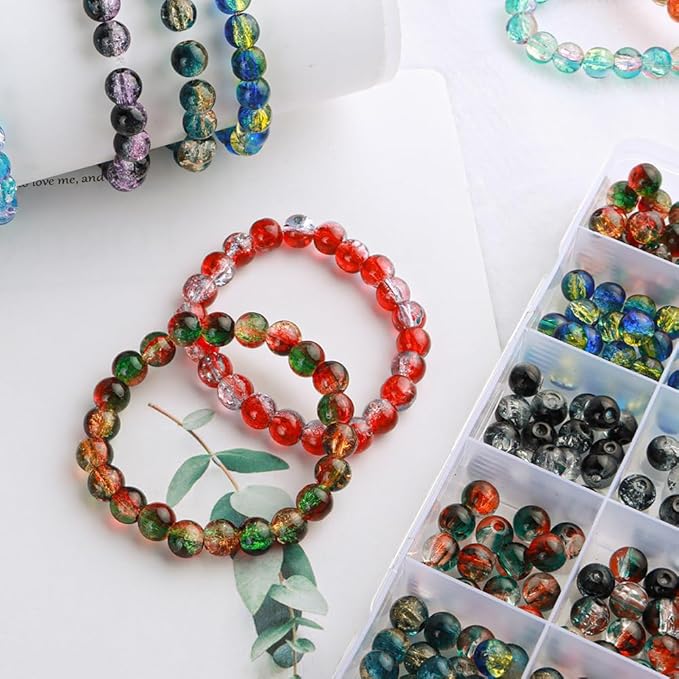 C MY 600pcs 8mm Crackle Glass Beads for Bracelet Jewelry Making Kit with 1 Roll Crystal Elastic Cord, 12 Colors Crystal Glass Beads for DIY Craft Friendship Ankle Necklace Earring Jewelry Making