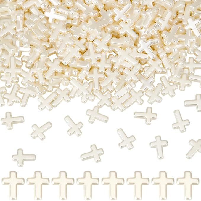 SUNNYCLUE 1 Box 300Pcs White Cross Beads Crosses Beads Small Bulk Pure Plastic Sunday Rosary Loose Spacer Crucifix Imitation Pearl Beads for Bracelets Beading Necklaces Keychains Supplies Women Adult