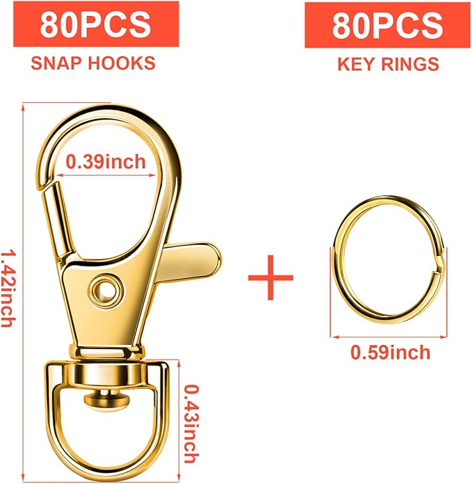 LEOBRO 160PCS Lobster Claw Clasps and Key Rings, Key Chains, 80PCS Keychain Clips and 80PCS Key Chain Ring for Keychain, Jewelry Making, Art Crafts, Gold