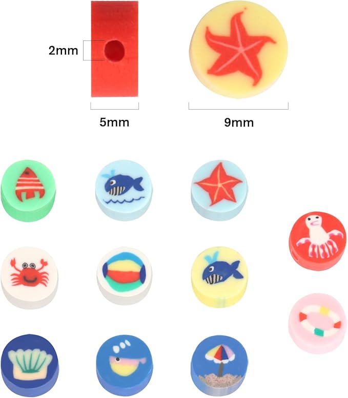 200PCS Polymer Clay Ocean Animal Beads - 10mm Mixed Colorful Flat Round Beads Spacer Kit for Jewelry Making DIY Bracelet Necklace