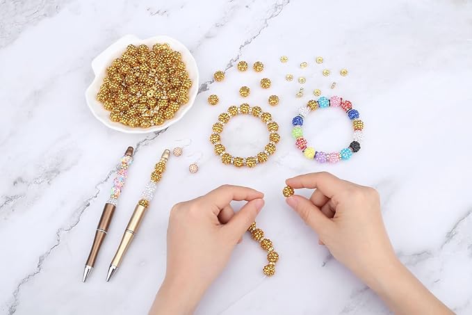 LAIDANLA 250pcs 12mm Gold Rhinestone Beads and 8mm Rondelle Spacer Beads for Beadable Pens, Sparkly Shamballa Disco Baseball Bead for DIY Jewelry Making, Bracelets, Necklaces, Earring Craft