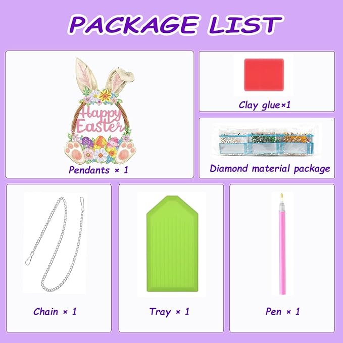 JBTM24 9.8x6.5inch Hanging Diamond Art Pendant Kits, Happy Easter Diamond Painting Hanging Sign with Chain, Special Shaped Crystal Art Ornament (Easter Bunny)