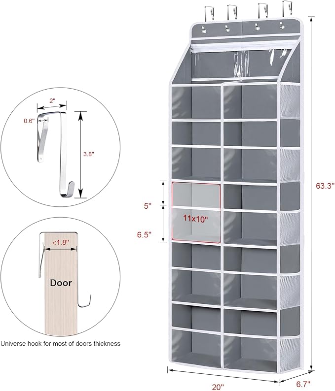Univivi 6 Tiers Hanging Yarn Storage Organizer, Large Knitting Organizer with 12 Deep Clear Pockets & 10 Mesh Side Pockets, Over The Door Yarn Holder for Crochet Hooks, Knitting Needles, Grey
