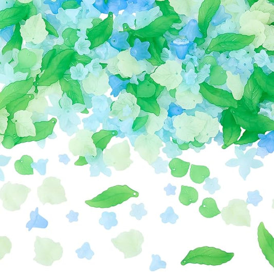 500Pcs Acrylic DIY Flower Leaf Beads Kits Including Assorted Blue Flower Loose Beads Maple Leaf Pendants Charms Acrylic Floral Caps for Earring Bracelet Necklace Craft Jewelry Making
