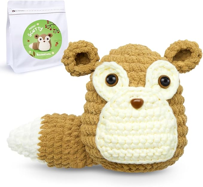 NestledCrafts Crochet Animal Kit for Beginners, Crochet Starter Kit with Step-by-Step Video Tutorials, Learn to Crochet Kits for Kids and Adults, Squirrel
