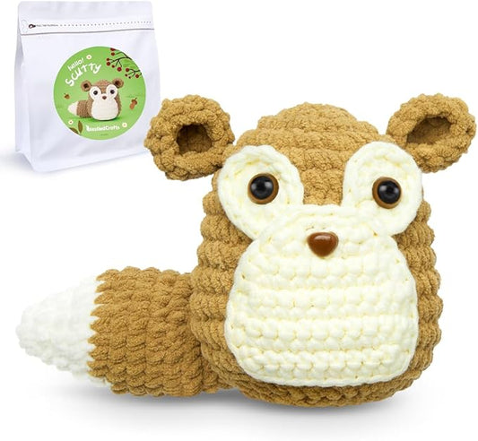 NestledCrafts Crochet Animal Kit for Beginners, Crochet Starter Kit with Step-by-Step Video Tutorials, Learn to Crochet Kits for Kids and Adults, Squirrel
