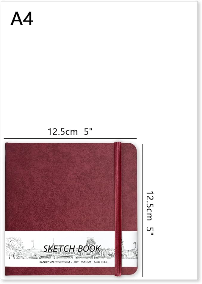 5" x 5" Hardcover Sketch Book,Small Mixed Media Sketch Pad,58 Sheets 150GSM Acid-Free Artist Drawing Paper,Travel Journal Blank Notebook for Adults Painting,Illustration,Art Supplies.Wine Red