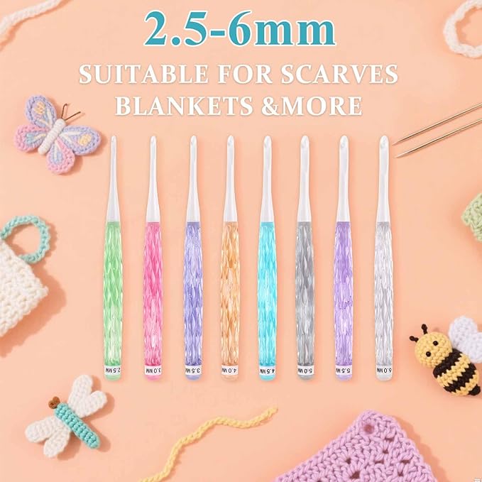 8 PCS Crystal Crochet Hooks Set, Colorful Anti-Slip Transparent Plastic Crochet Hook Set(2.5-6mm), Ergonomic Crochet Hooks for Arthritic Hands, Crochet Needles for Beginners & DIY Craft