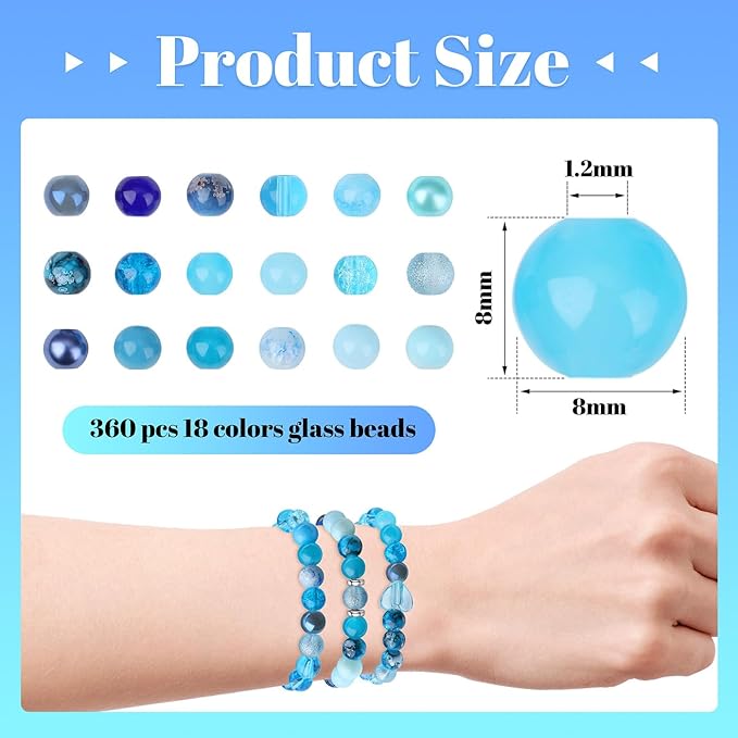 DUQGUHO 8mm Blue Beads for Jewelry Making Blue Glass Beads for Crafts Round Bead Bracelet Kit 360PCS