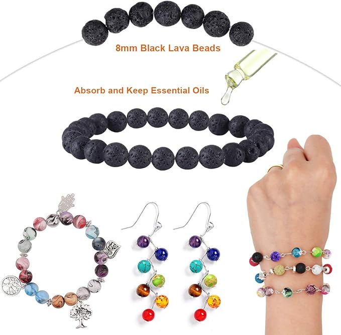 EuTengHao 846Pcs Lava Stone Beads Rock Loose Beads Cloisonne Beads Kit with Ink Patterns Chakra Beads Spacer Pendants Beads for Diffuser Essential Oils Adult DIY Bracelet Jewelry Making Supplies