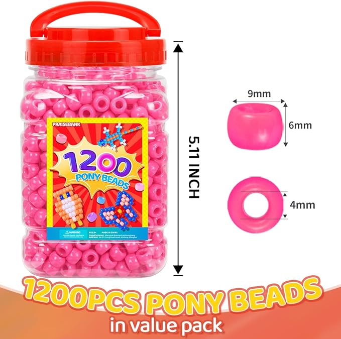 praisebank pony beads, 1200pcs 6x9mm, wholesale beads, bracelets jewelry making, arts & crafts(pink)