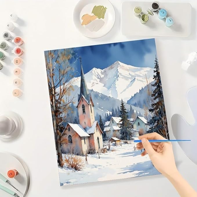 Winter Paint by Numbers Kit for Adults - DIY Snowy Mountain Village and Church Painting on Canvas, Acrylic Paint Set, Suitable for Beginners, Seasonal Art for Home Decoration or Gifts(12X16IN Framed)