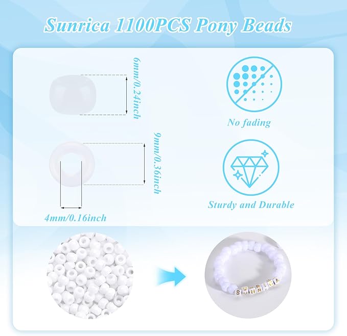 sunrica 1100pcs white pony beads 6x9mm bulk large hole plastic beads for kandi, hair braids, keychains, jewelry making