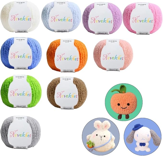 Plush Crochet Yarn for Beginner, 10 Assorted Colors Fluffy Blanket Yarn for Amigurumi and Crocheting 17.6Oz/87.5yds