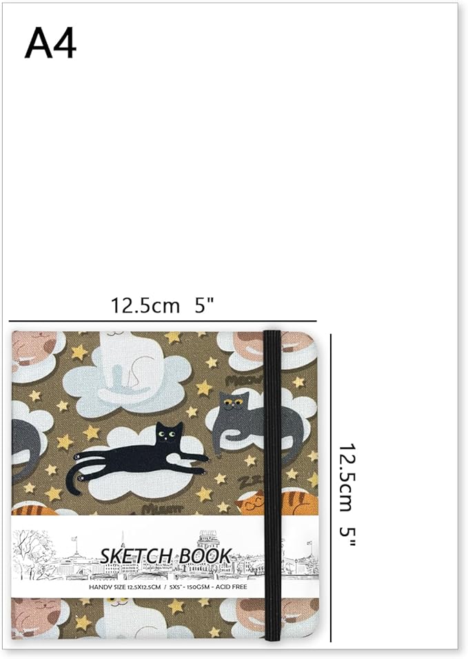 5" x 5" Hardcover Sketch Book,Small Mixed Media Sketch Pad,58 Sheets 150GSM Acid-Free Artist Drawing Paper,Travel Journal Blank Notebook for Adults Painting,Illustration,Art Supplies.Cloud Cat