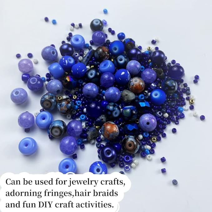 Assorted Glass Resin Beads Multi Size Colors Smooth Cracked Gravel Millet Spacer Beads for Bracelets Necklace Earring DIY Jewelry Making Craft (Deep Blue Series)