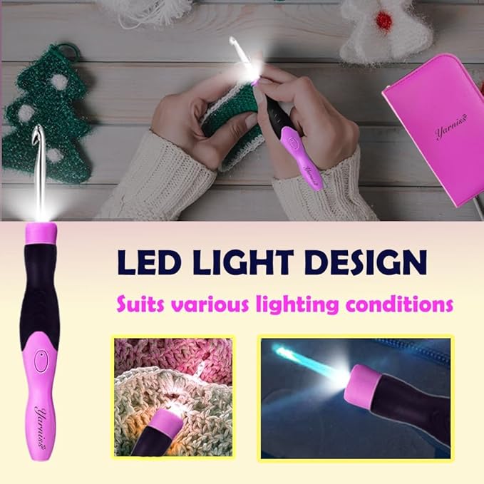 Yarniss 17 Size Lighted Crochet Hooks Set 2.5 mm to 14.0 mm, Metal Rechargeable Light Up Crochet Hooks with Case