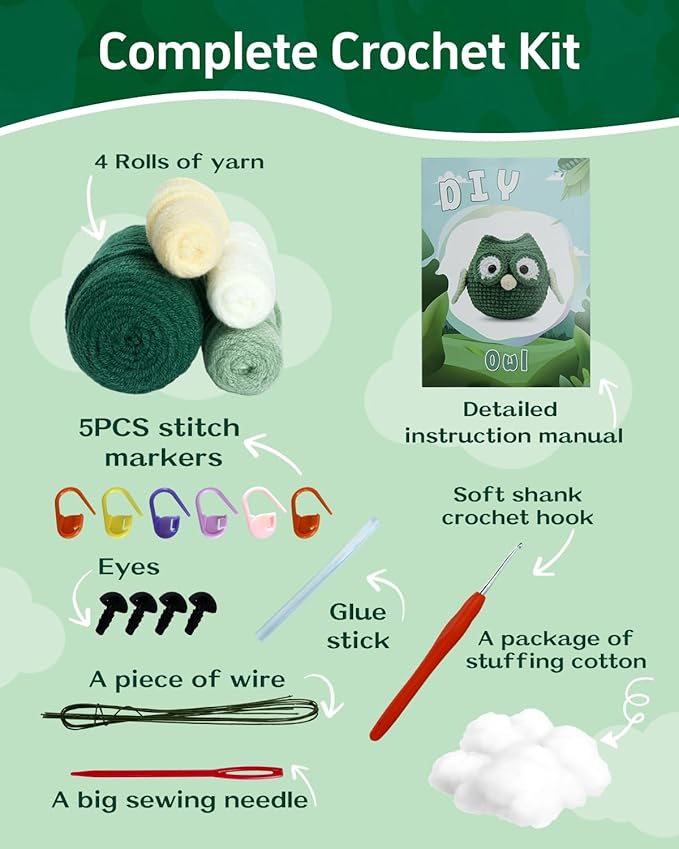 Fortilo Crochet Kit for Beginners Crochet Animals Green Owl with Step-by-Step Video Tutorials 30% Extra Yarn, Perfect for Gifts, Emotional Support, Ideal Knitting Kit for Adults, Kids